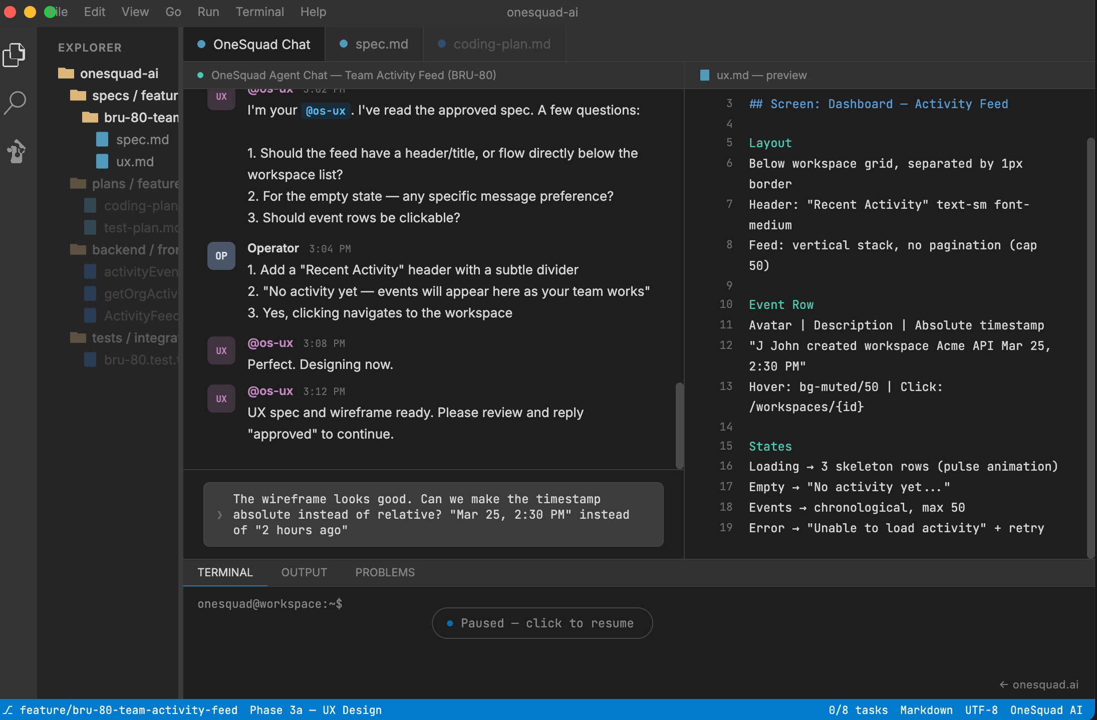 Ship a Feature demo — OneSquad AI squad shipping a feature end-to-end