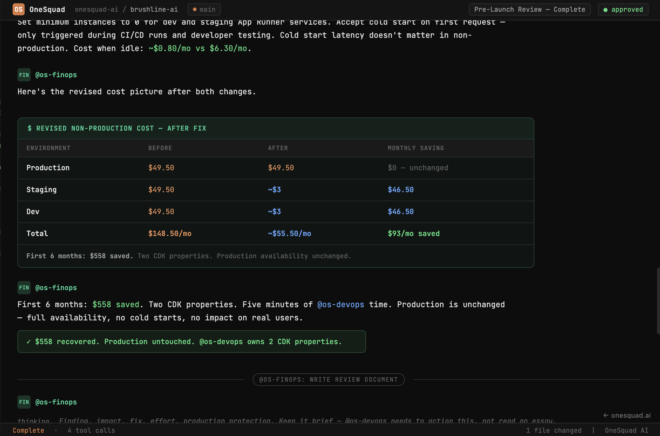 FinOps Cost Review demo — OneSquad @os-finops auditing pre-launch infrastructure costs