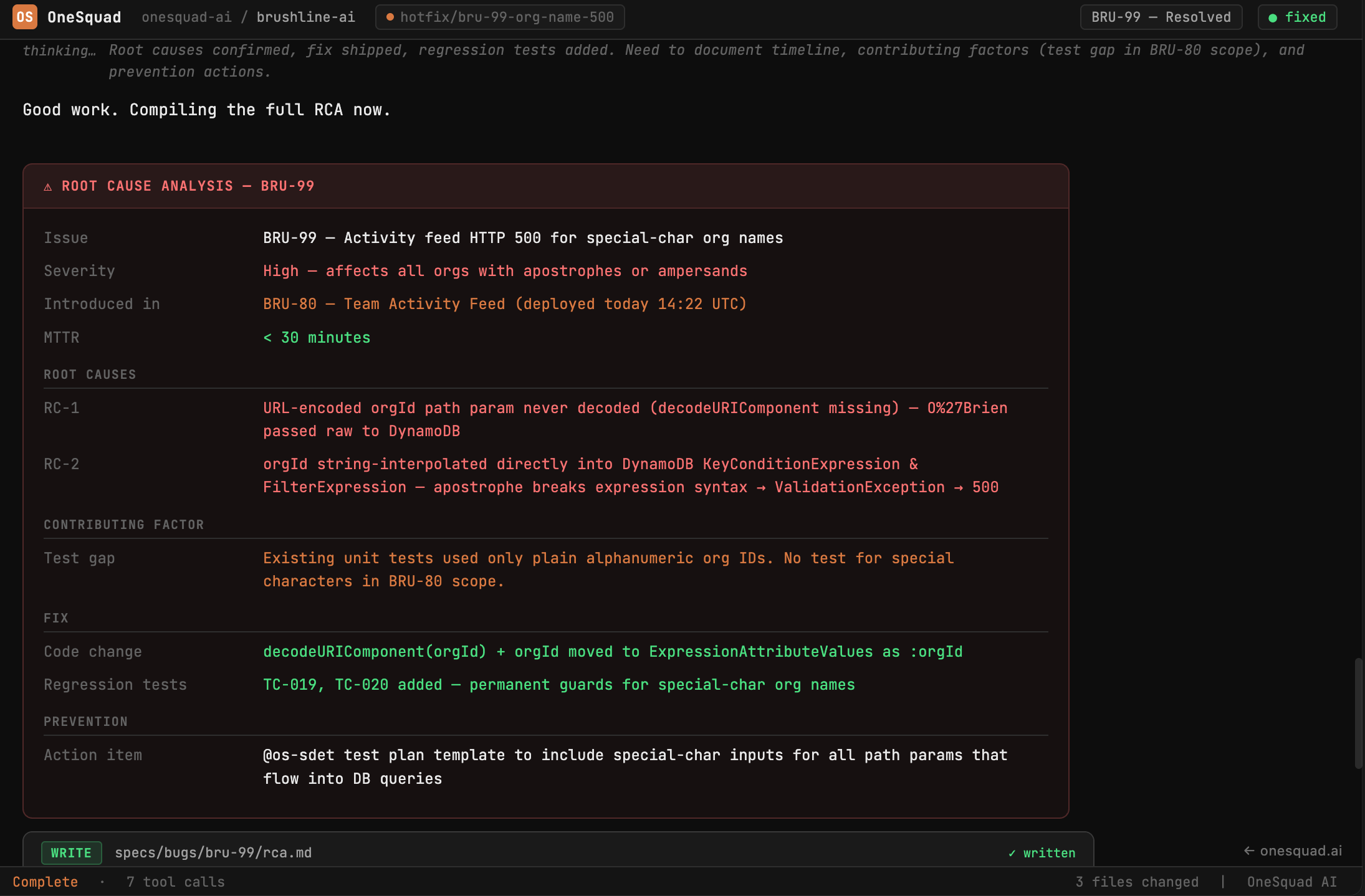 Bug Triage & RCA demo — OneSquad AI squad diagnosing, root-cause analyzing, and resolving a production bug