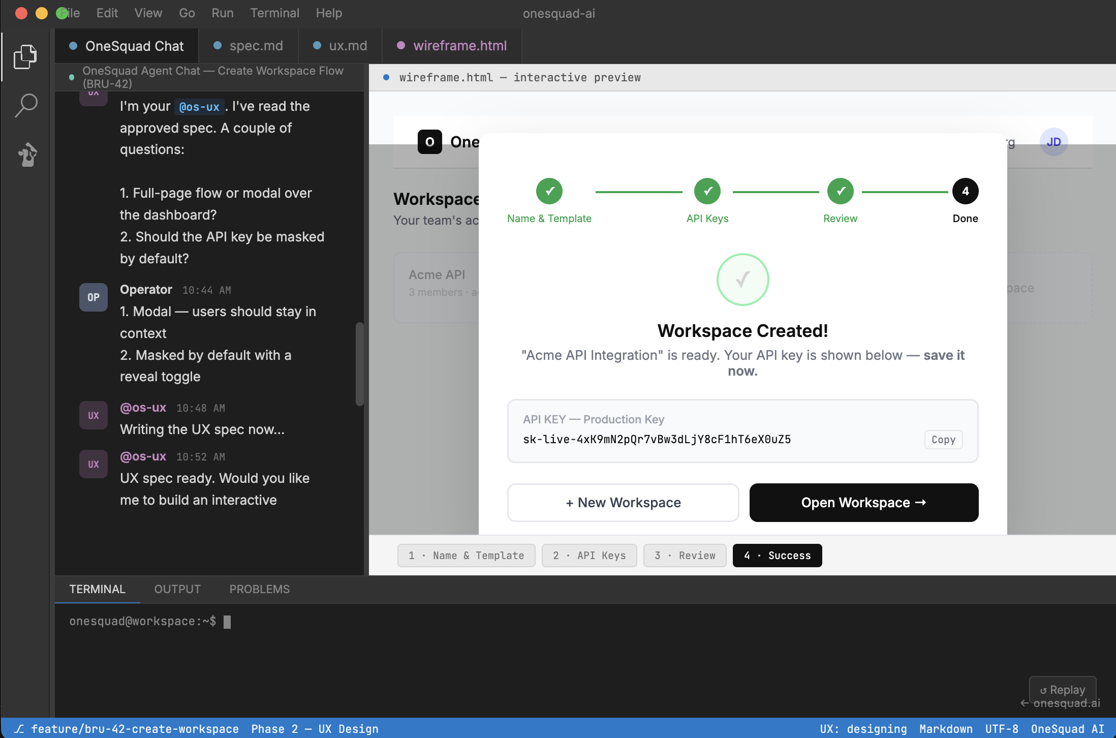 UX Design & Wireframe demo — OneSquad @os-ux building an interactive wireframe in a VS Code layout